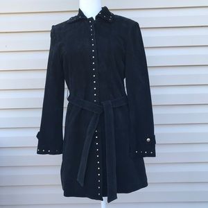 Vtg Express Suede Leather Belted Trench stud coat
